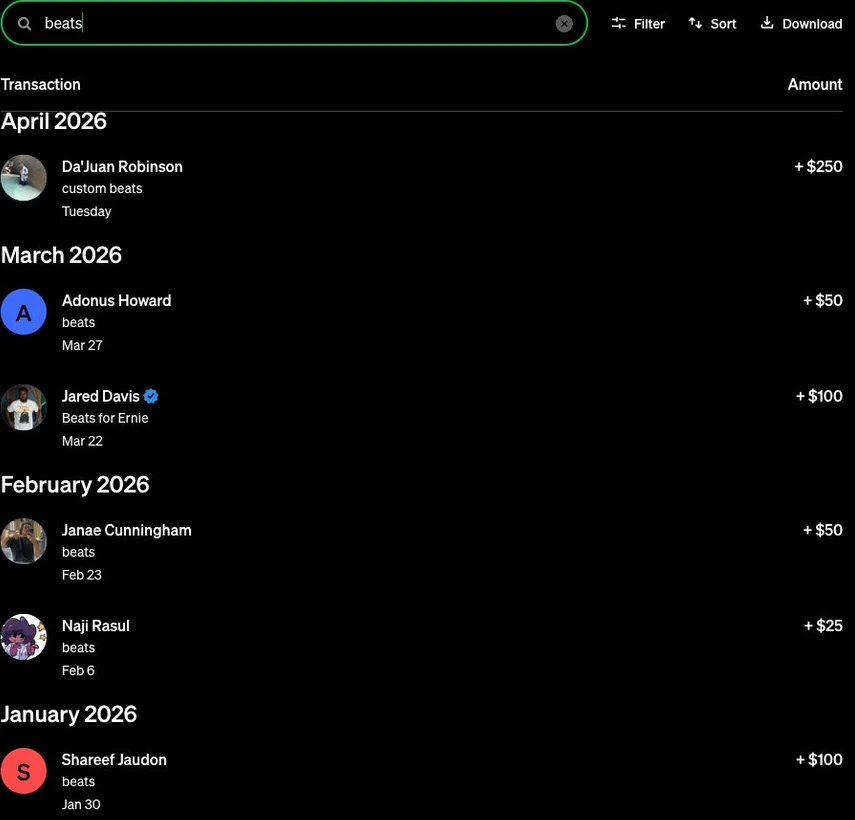 Beat sales transaction history showing payments from customers
