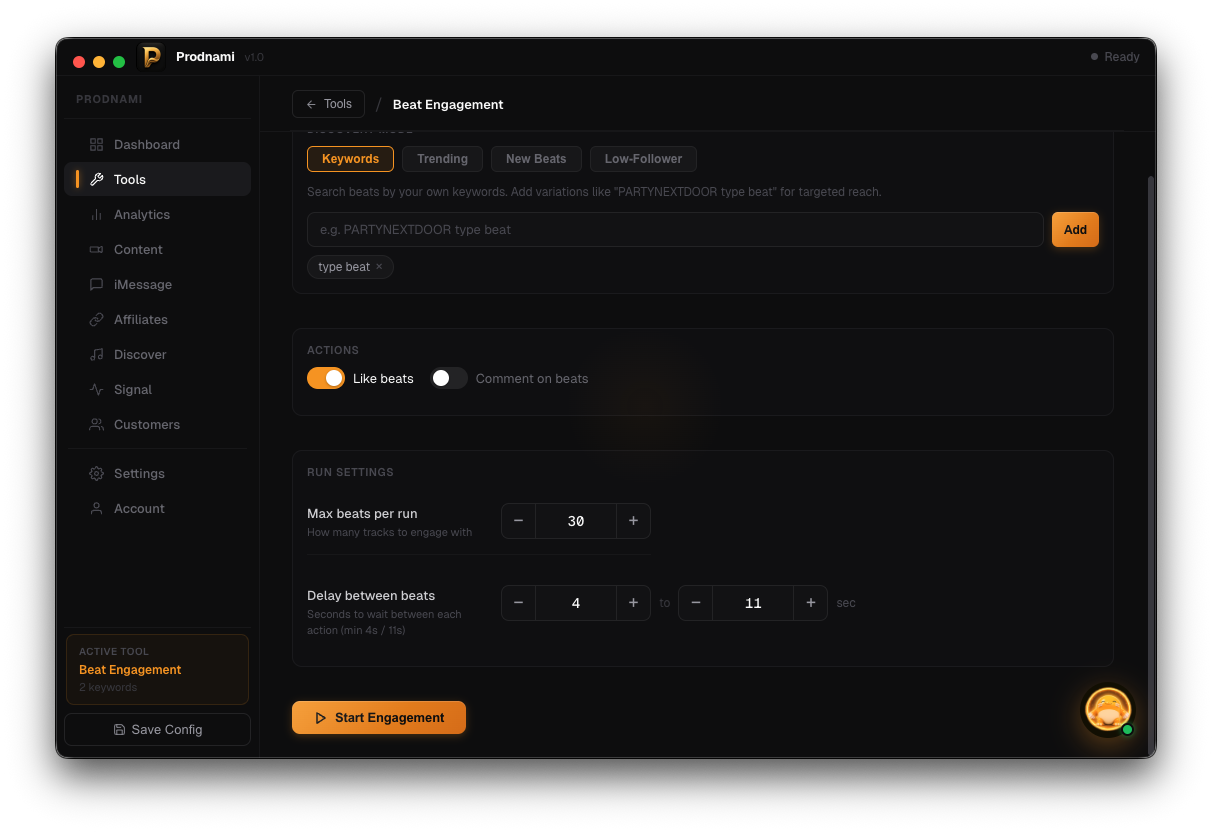 Prodnami Beat Engagement keyword and run settings screen