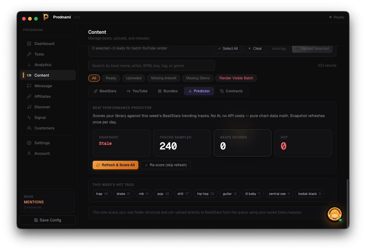 Prodnami Beat Performance Predictor screen