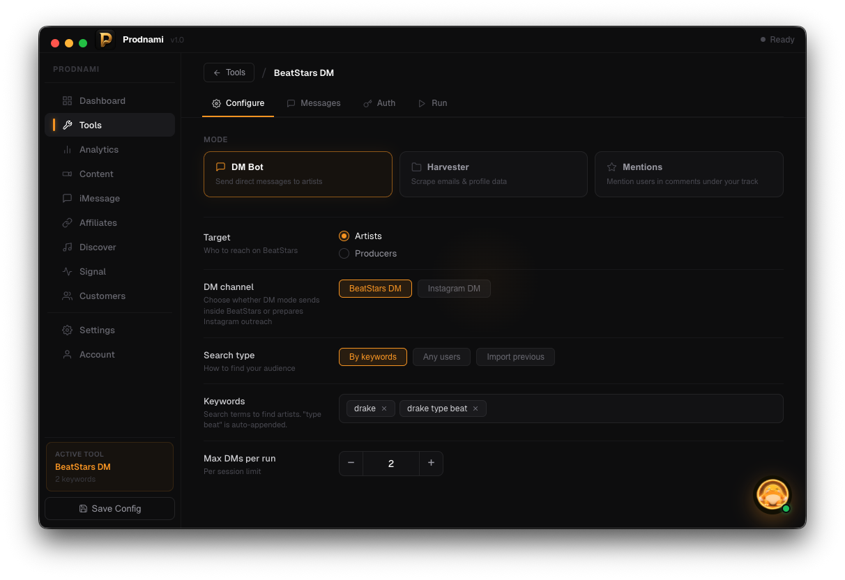 Prodnami BeatStars DM configuration screen