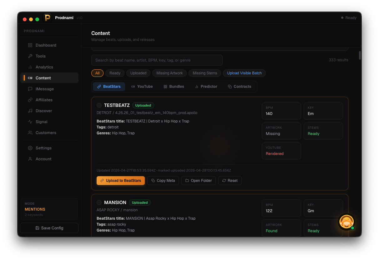 Prodnami BeatStars bulk uploader queue for preparing beat uploads