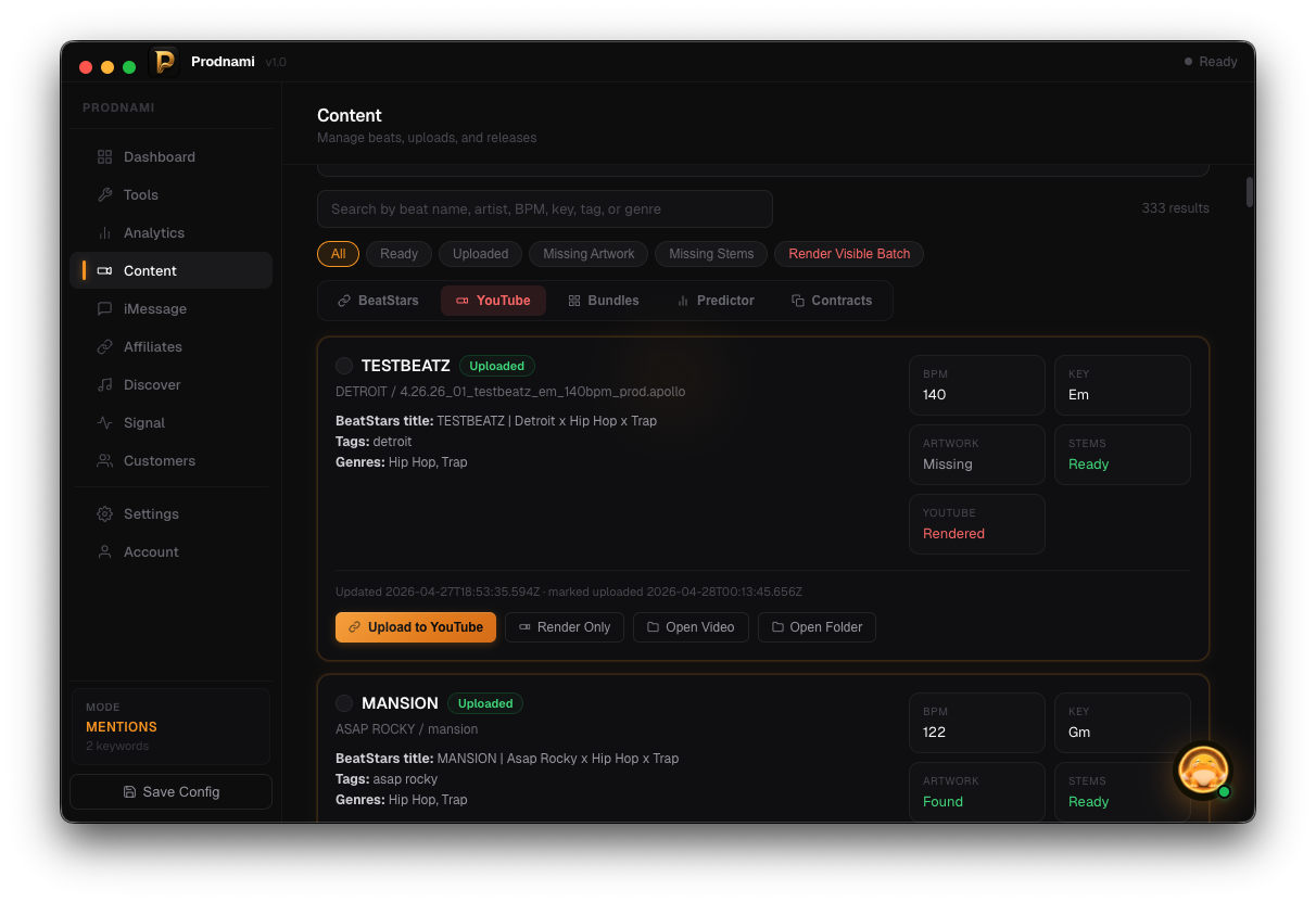 Prodnami beat uploader workflow for preparing YouTube and BeatStars content