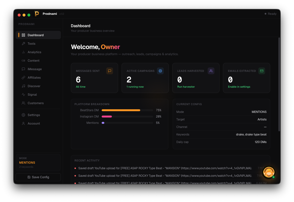 Prodnami dashboard showing producer business overview