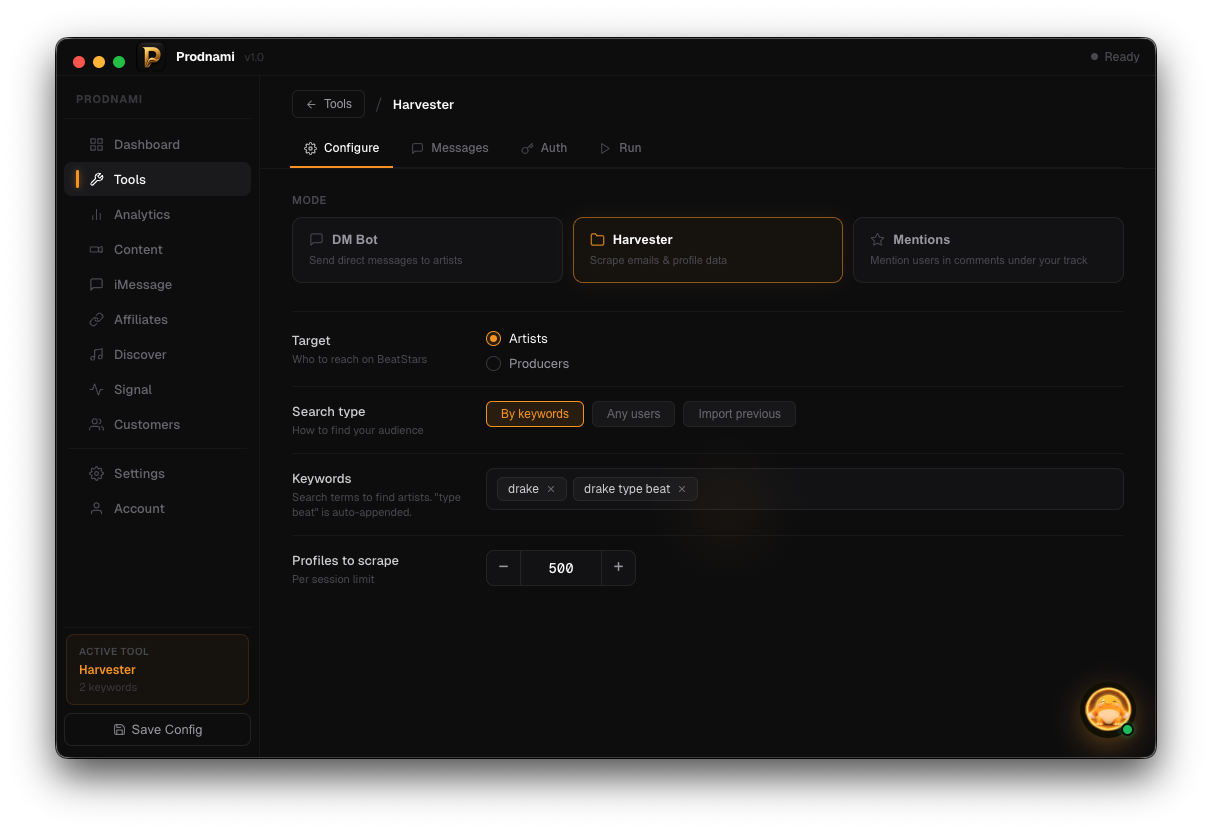 Prodnami Harvester screen for scraping profile leads