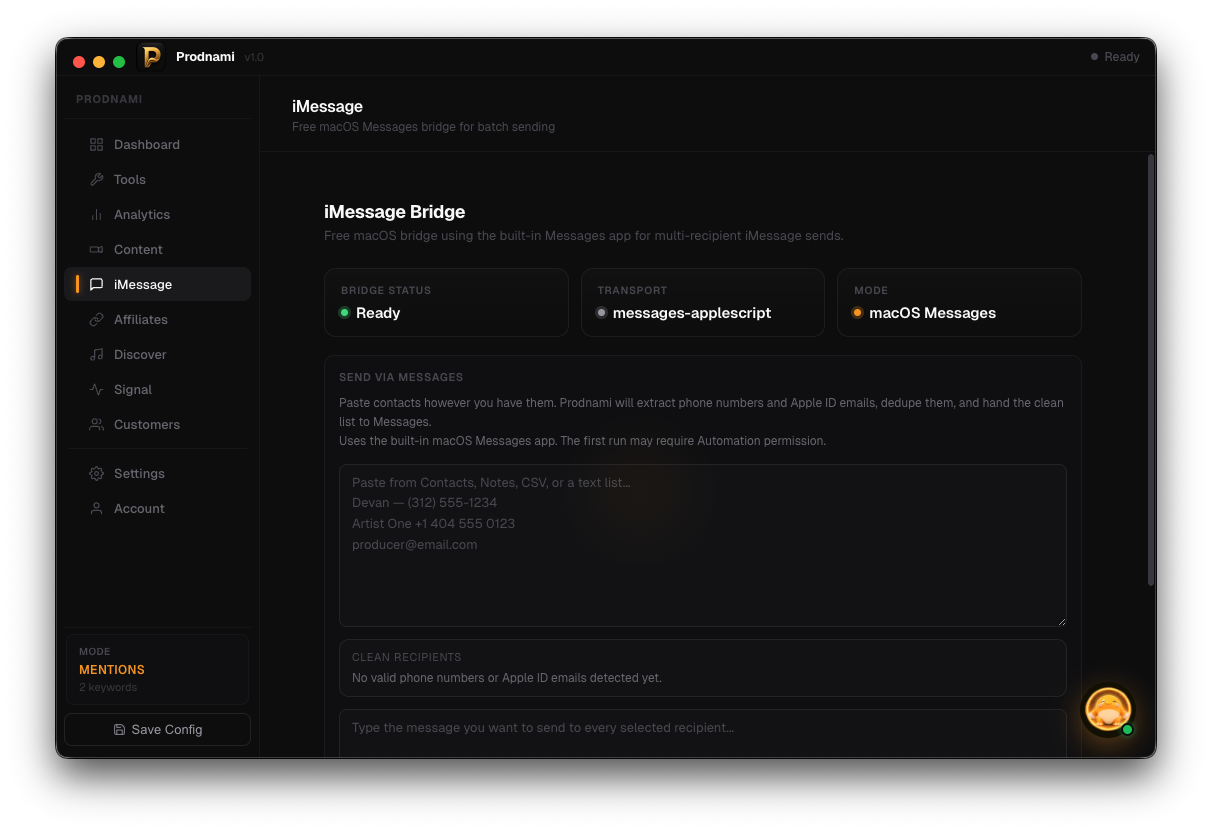 Prodnami iMessage bridge screen