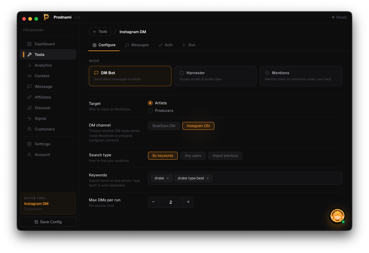 Prodnami Instagram DM configuration screen