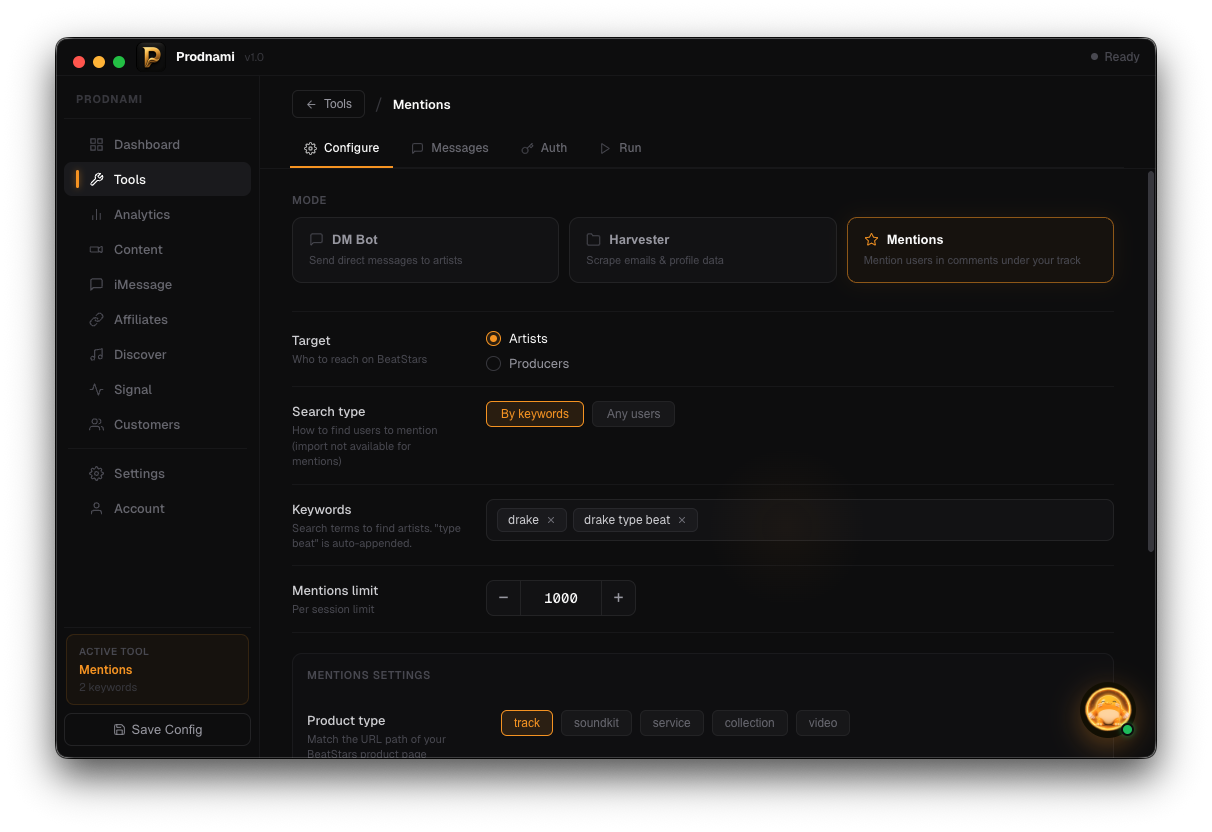 Prodnami Mentions configuration screen