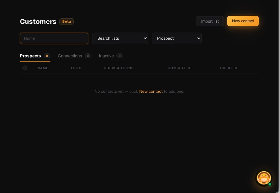 Prodnami Customers screen with prospect tabs and contact actions