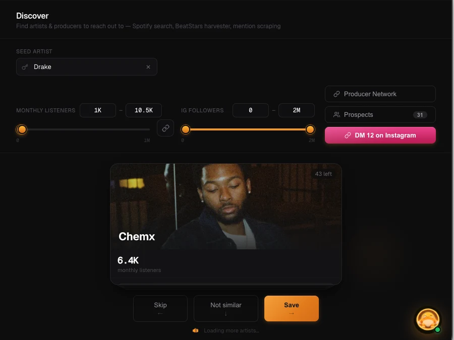 Prodnami Discover screen with artist filters and a prospect card
